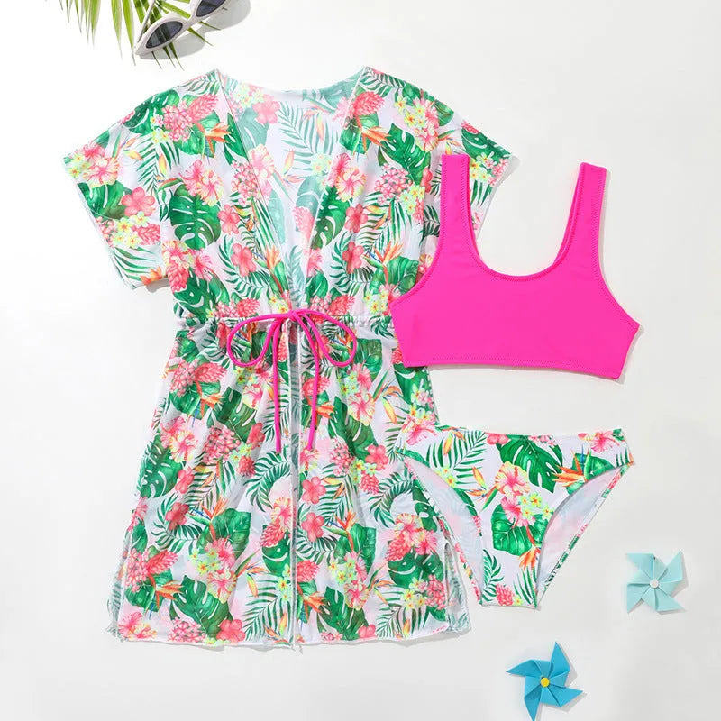Girls' floral print two-piece swimsuit with high elasticity polyester fabric for swimming.