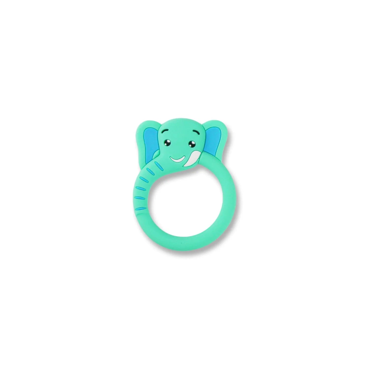 Three silicone baby molar teethers in brown, blue, and yellow on a white background