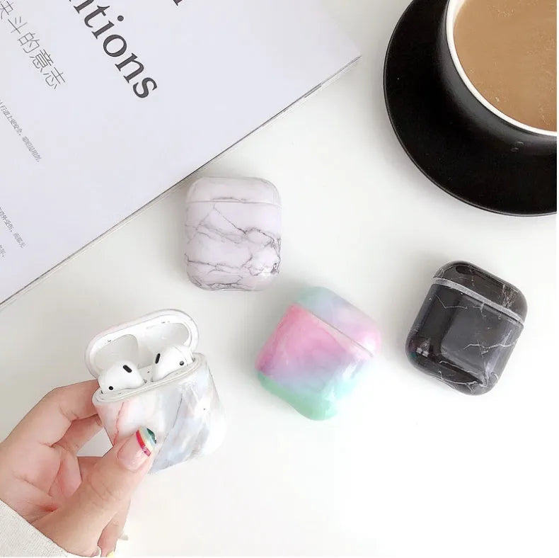 Hard white marble protective case for Apple AirPods 1 and 2 charging box.
