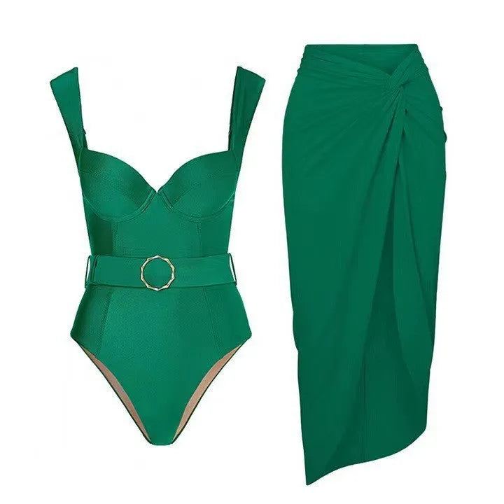 Women's one-piece swimsuit with gauze skirt in polyester fabric, showing double shoulder and oblique shoulder strap styles