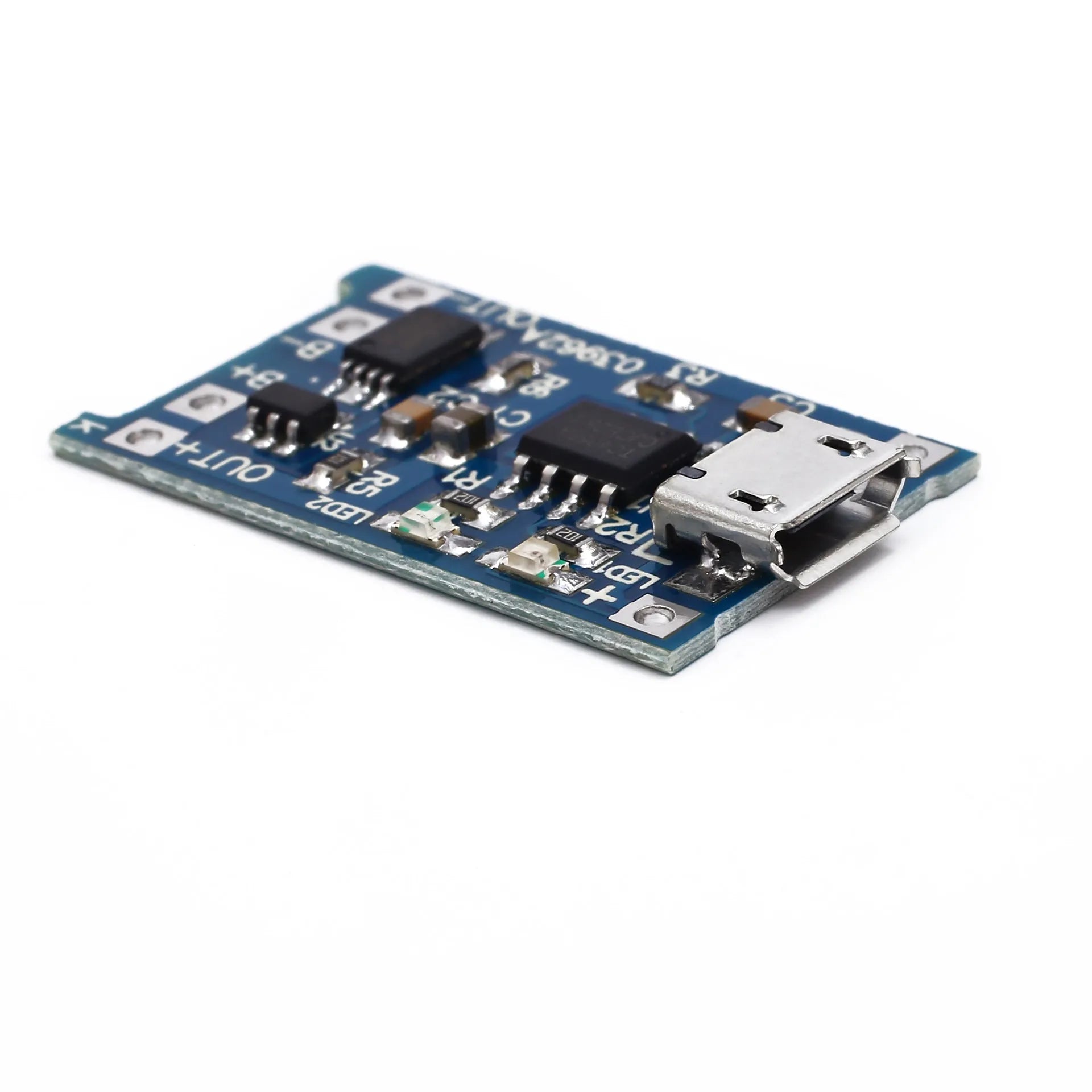 Small blue lithium battery charging and protection circuit board with solder terminals