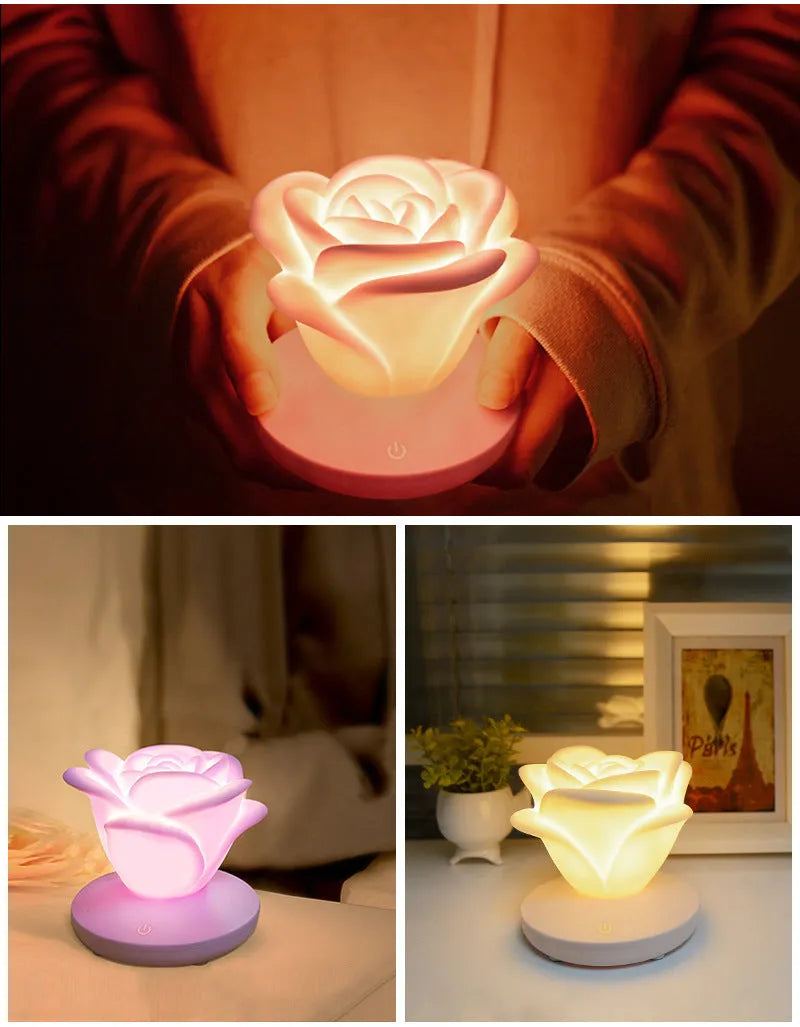 Mini rose night light with touch dimming and USB rechargeable battery, available in pink