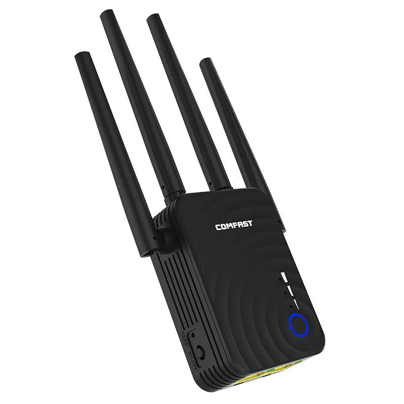 AC1200 dual band WiFi range extender with four antennas and four Ethernet ports in black colour