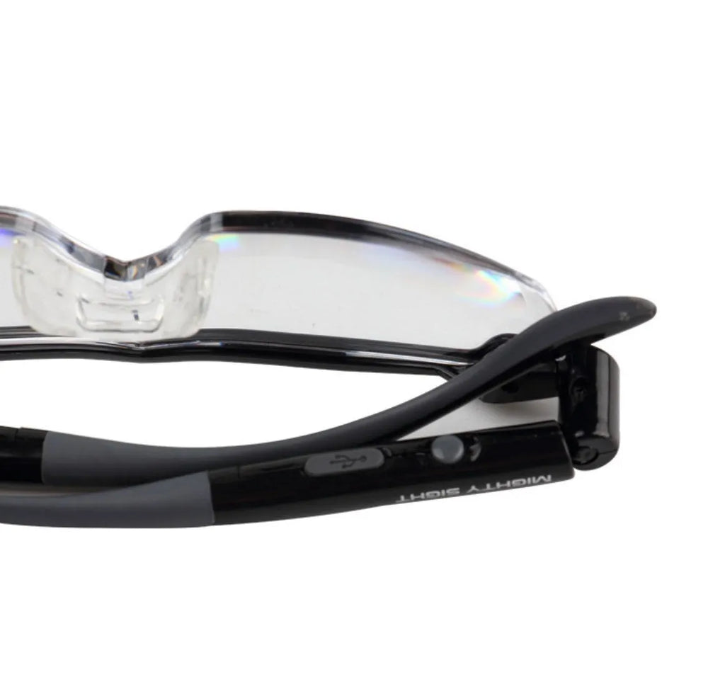 Transparent black USB LED reading glasses with ABS frame and integrated light for low-light reading