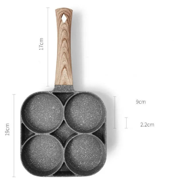 Four-hole non-stick aluminium frying pan with bakelite handle for making breakfast eggs and pancakes
