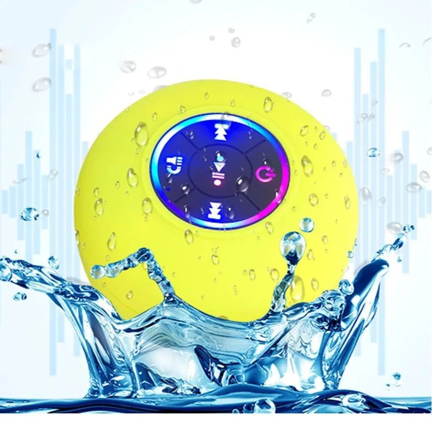 Waterproof Bluetooth speaker with suction cup base and LED lights in six colour options