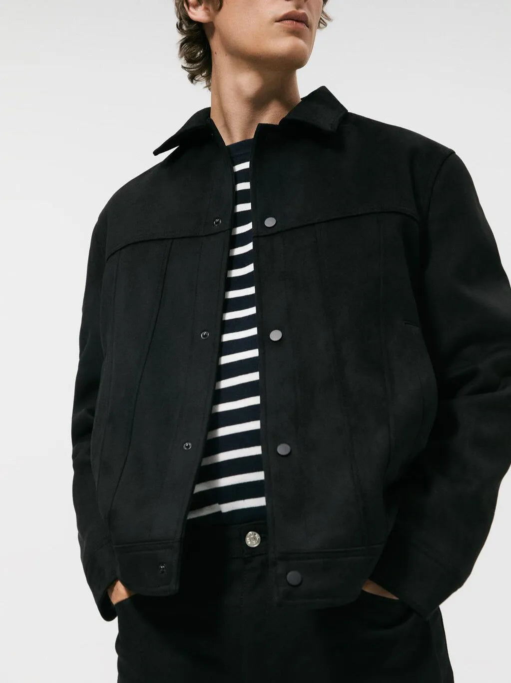 Men's black hooded casual jacket with suede collar and side seam pockets