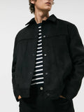 Men's black hooded casual jacket with suede collar and side seam pockets