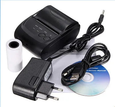 Dark gray portable Bluetooth thermal printer with USB and serial ports, 48mm print width, 90mm/s speed, 134g weight