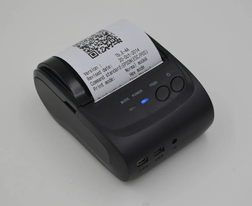 Dark gray portable Bluetooth thermal printer with USB and serial ports, 48mm print width, 90mm/s speed, 134g weight