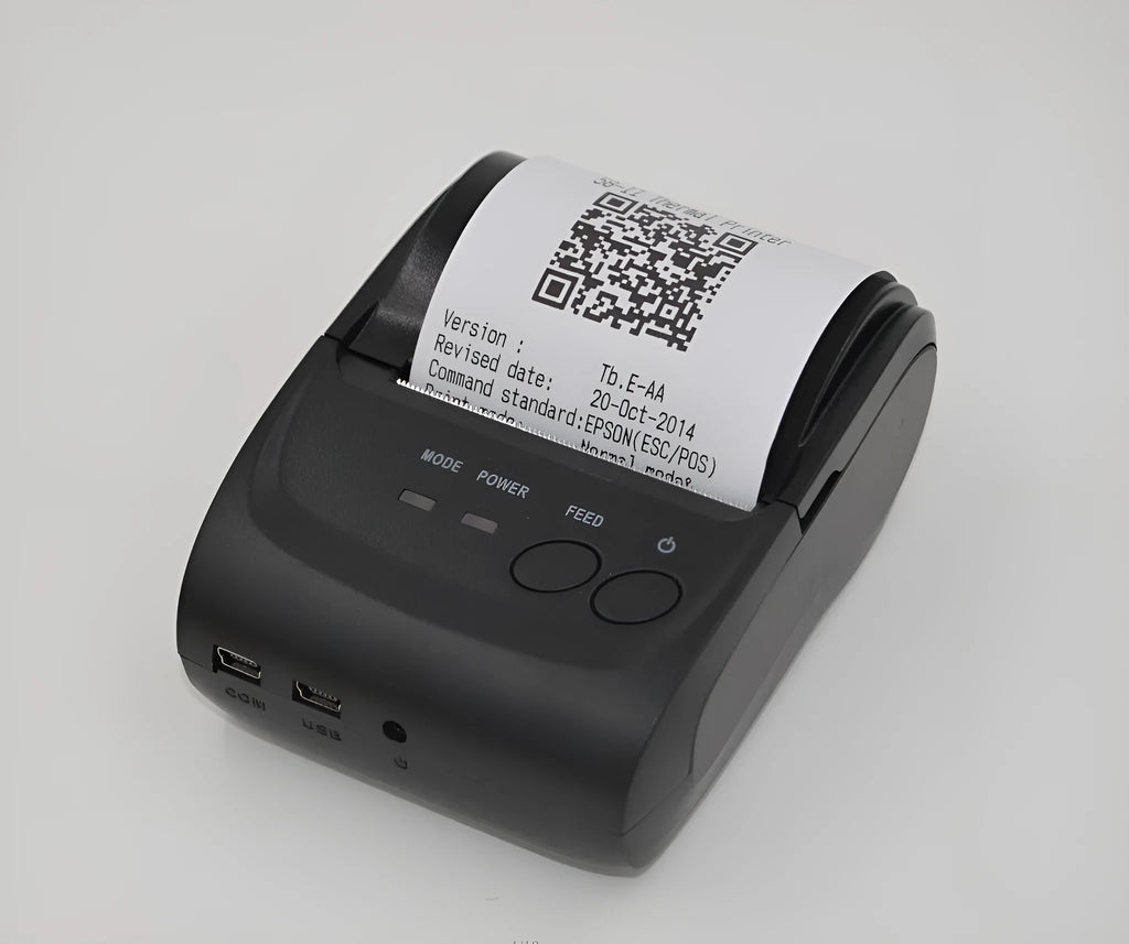 Dark gray portable Bluetooth thermal printer with USB and serial ports, 48mm print width, 90mm/s speed, 134g weight