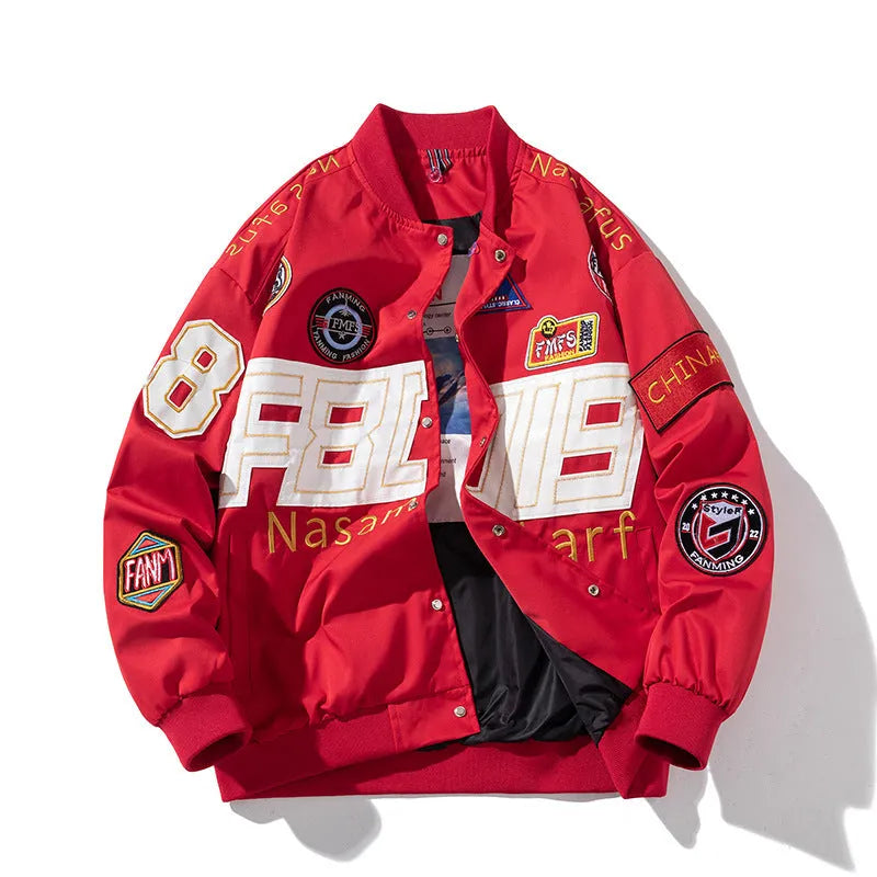American motorcycle baseball uniform jacket with removable hood options in black red blue colours