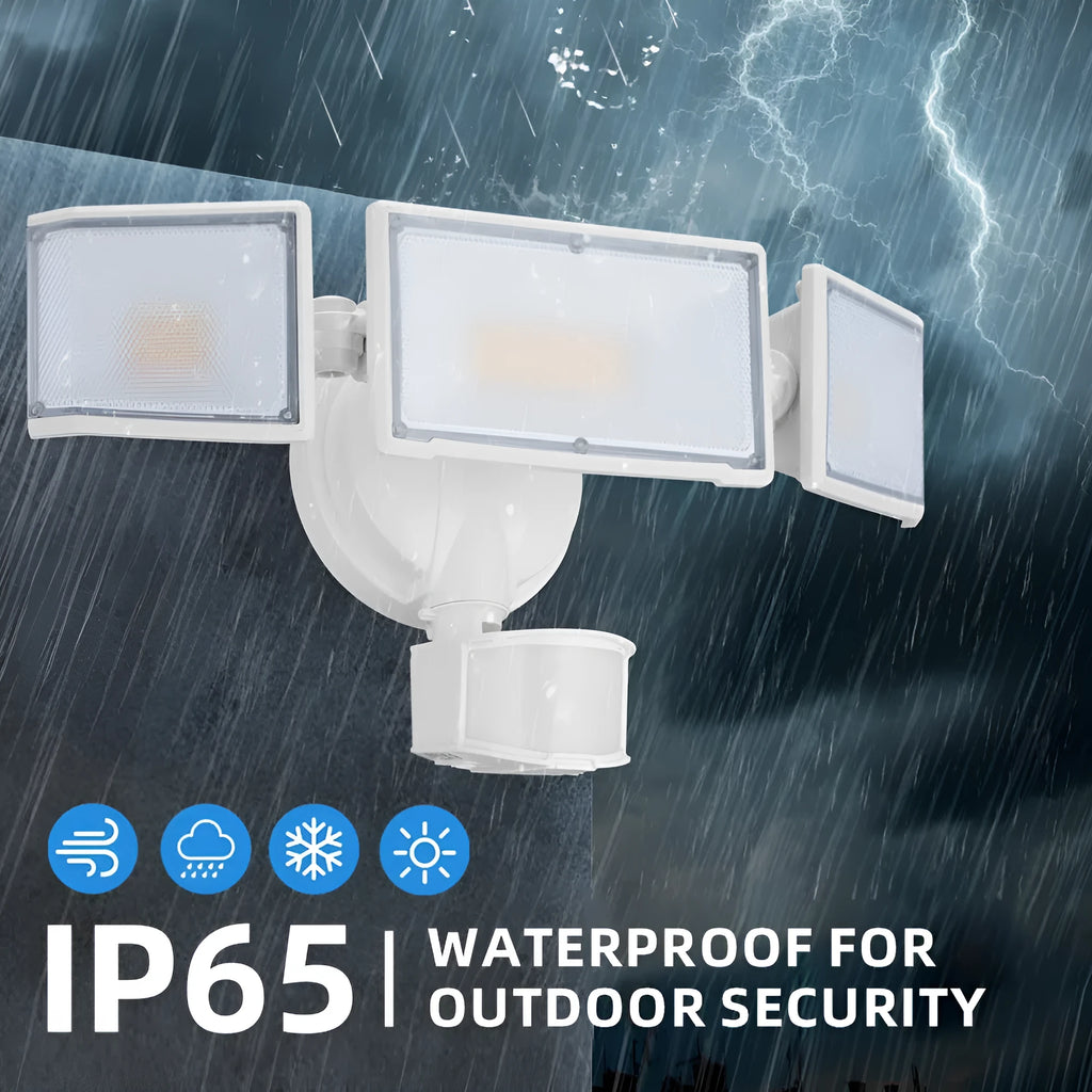 White 120V LED outdoor security flood light with motion sensor mounted on a wall.
