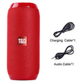 Portable IPX5 waterproof Bluetooth speaker in black with mesh grille and cylindrical design