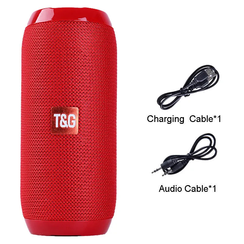 Portable IPX5 waterproof Bluetooth speaker in black with mesh grille and cylindrical design