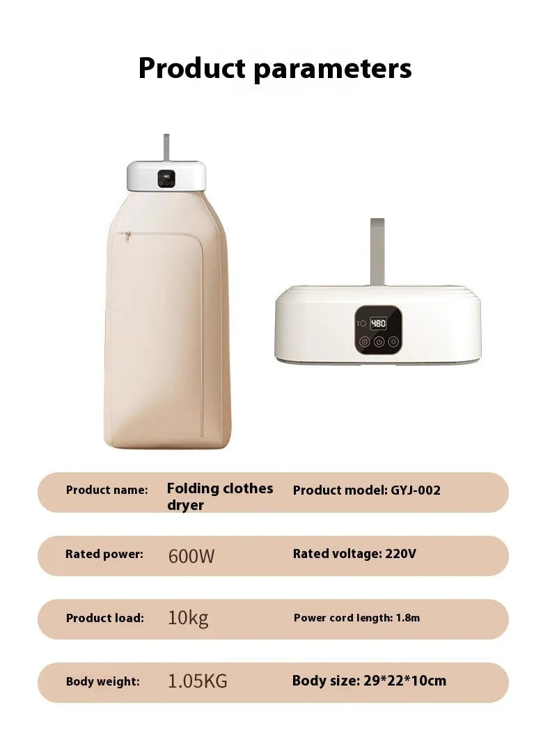 White cylindrical foldable laundry dryer with remote control on a table.