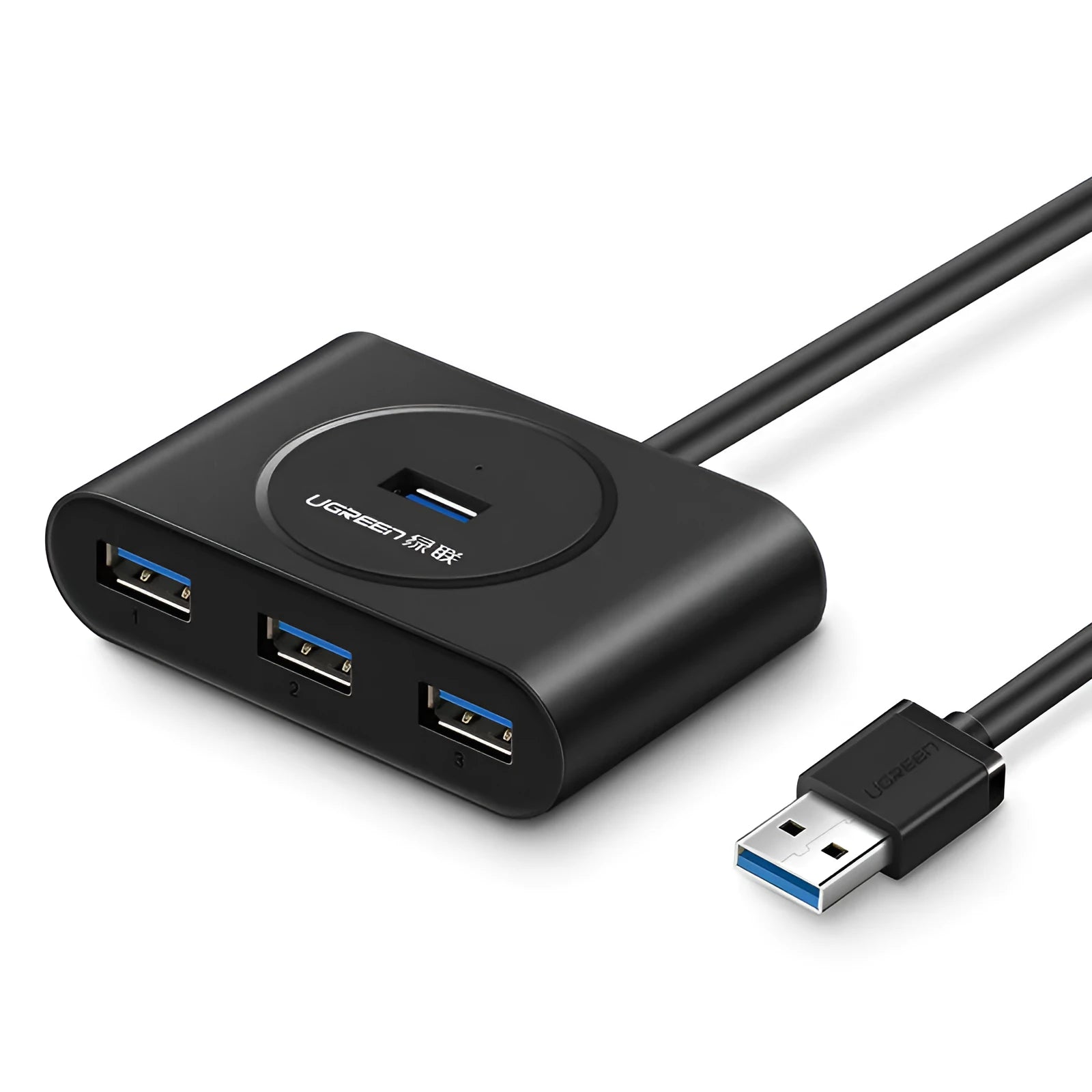Black USB 3.0 extender adapter set with a multi-port hub and a choice of cable lengths on a desk.
