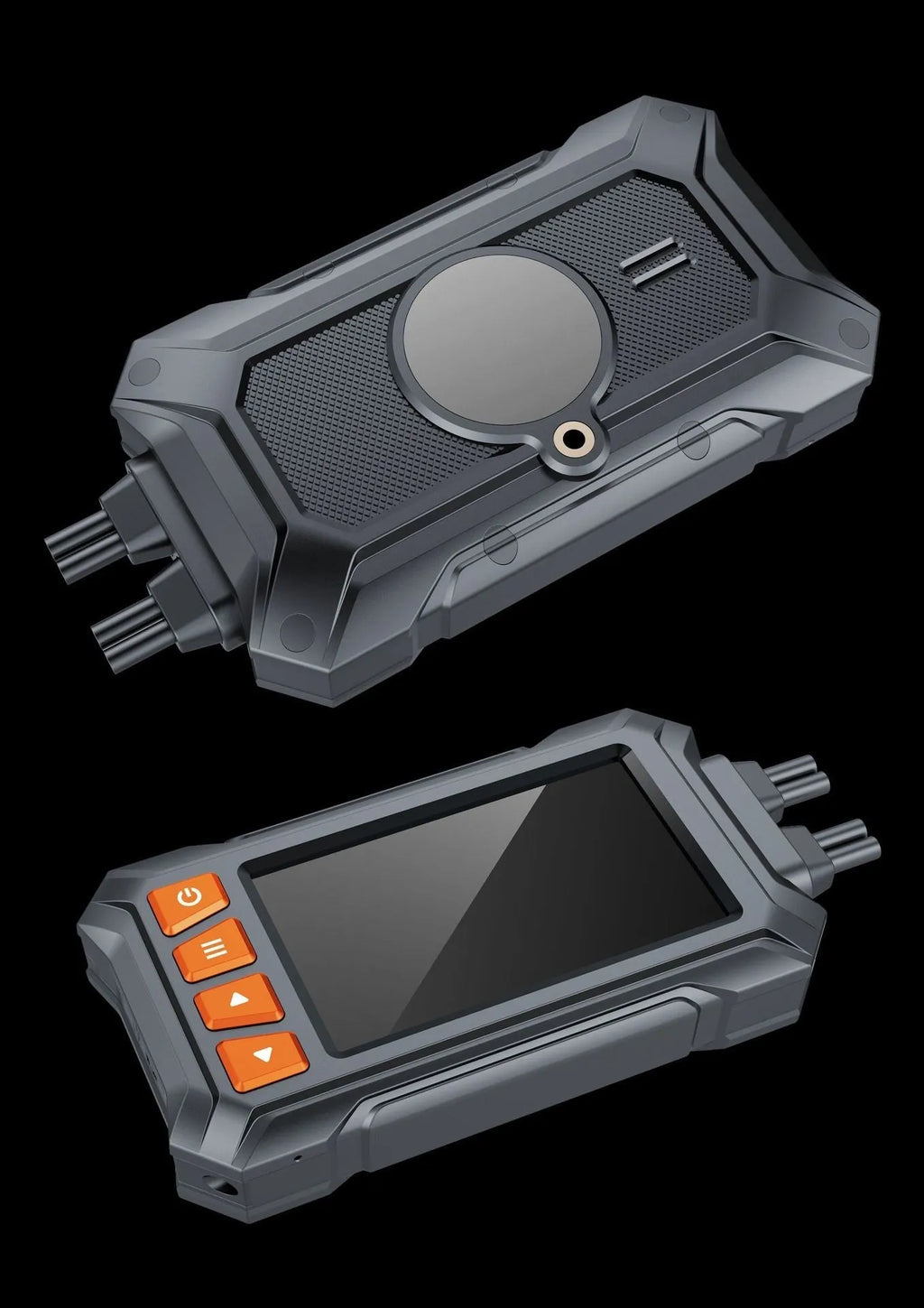 Motorcycle dashcam system with front and rear cameras, 3-inch display, GPS module, and installation cables.