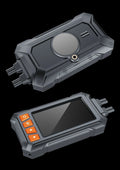 Motorcycle dashcam system with front and rear cameras, 3-inch display, GPS module, and installation cables.