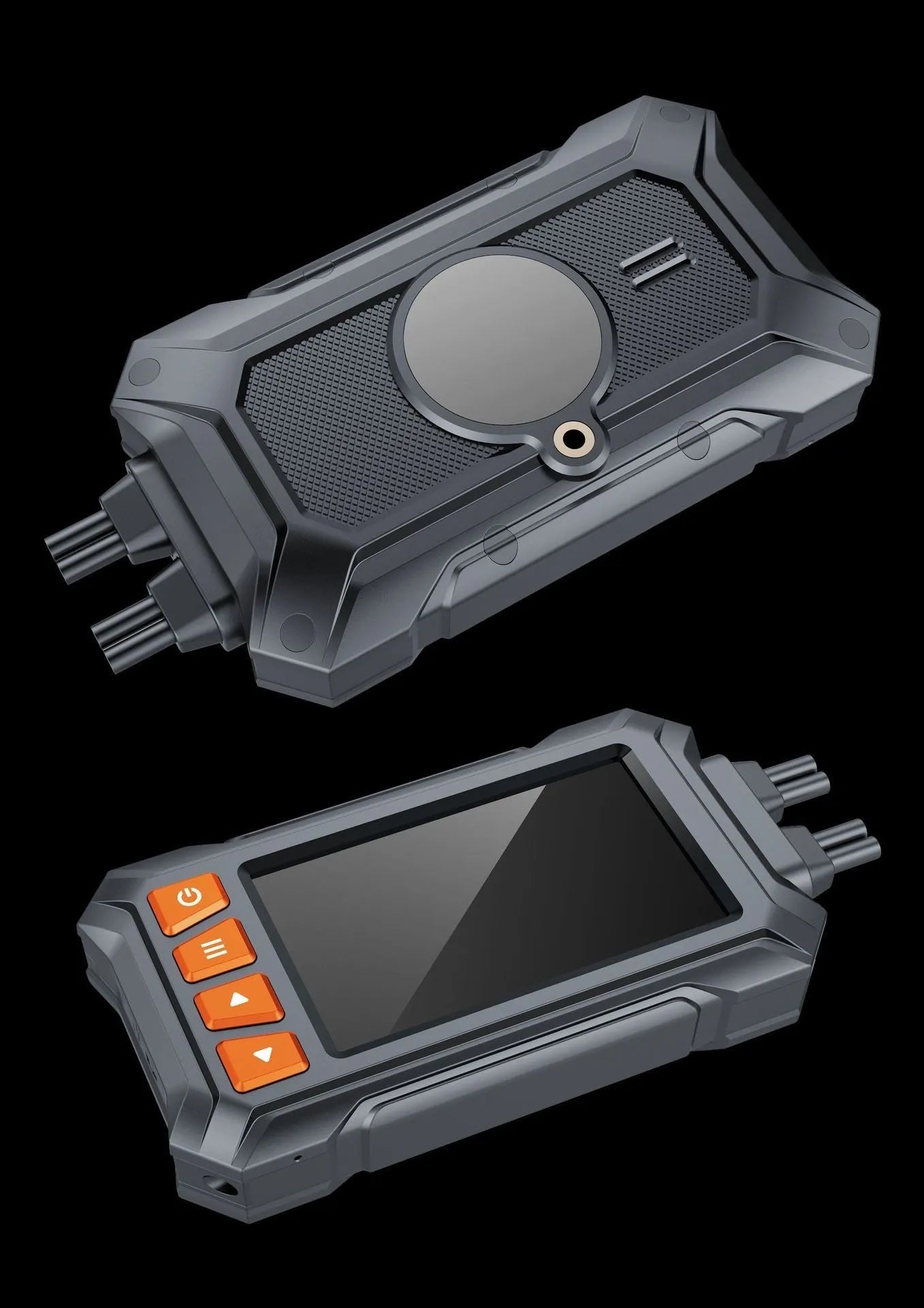 Motorcycle dashcam system with front and rear cameras, 3-inch display, GPS module, and installation cables.