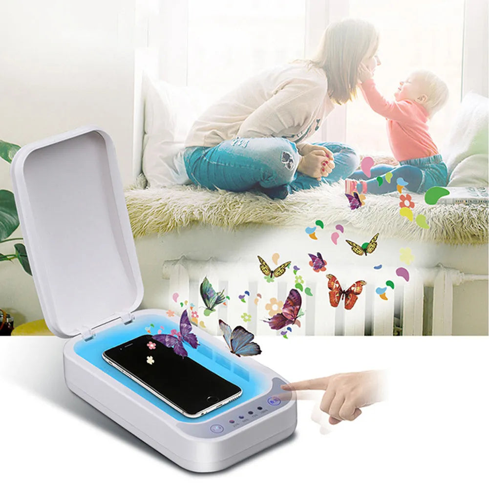 Blue and white ultraviolet disinfection box open, showing interior for a mobile phone and aromatherapy slot.