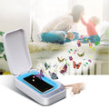 Blue and white ultraviolet disinfection box open, showing interior for a mobile phone and aromatherapy slot.