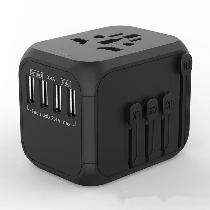 Black international conversion plug with 6 connection holes showing dimensions 56.5 x 67 x 52mm