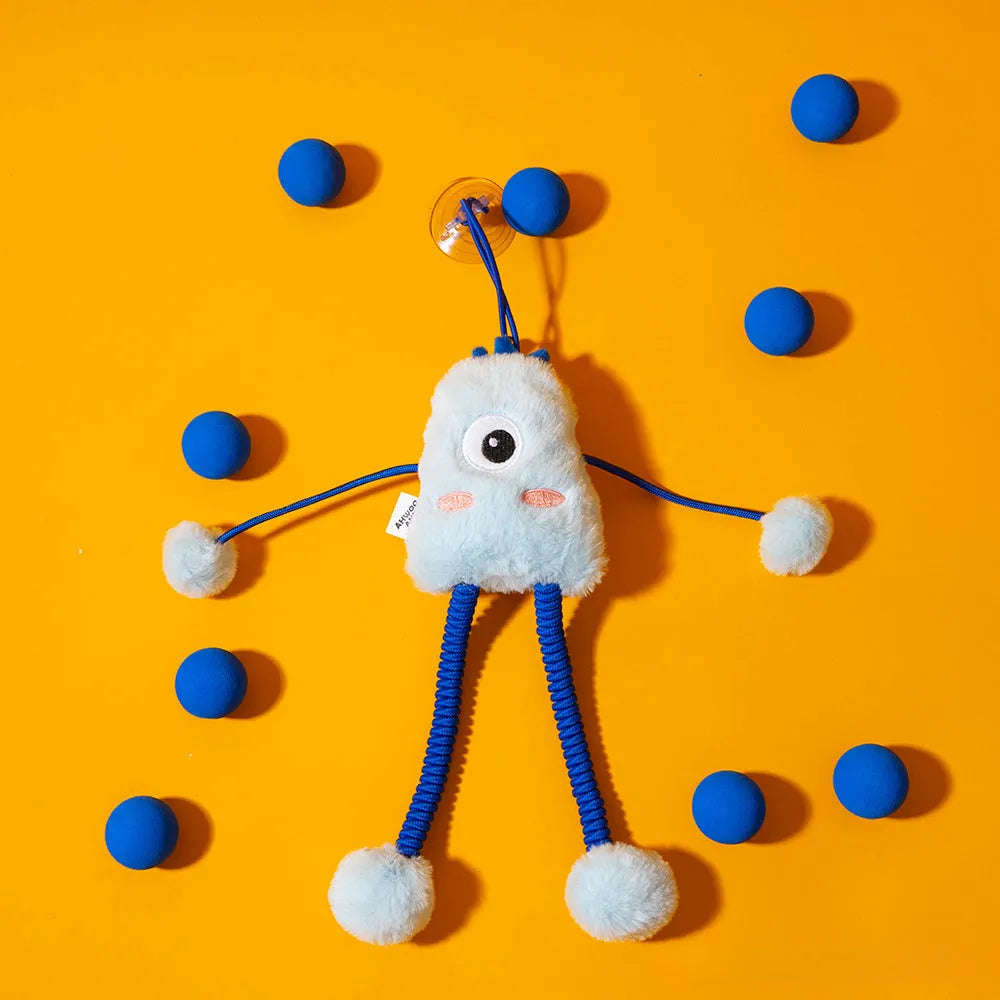 Blue plush cat toy ring on telescopic pole with mint bell, 30cm diameter