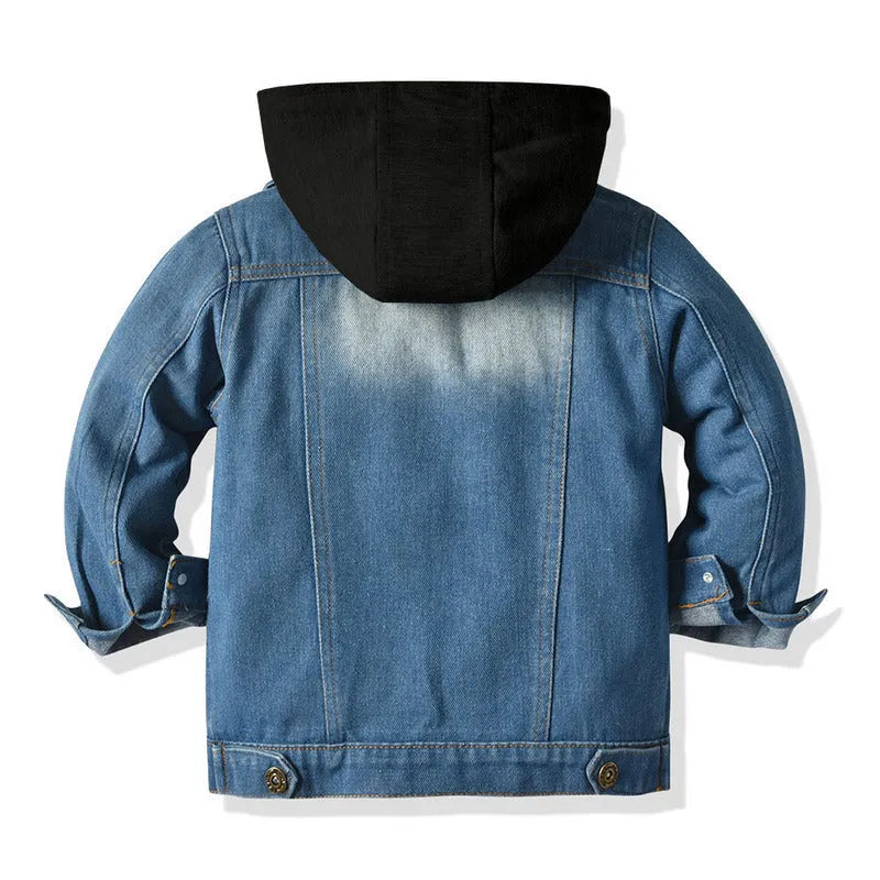 Grey children's hooded denim-style jacket with lapel collar on a hanger