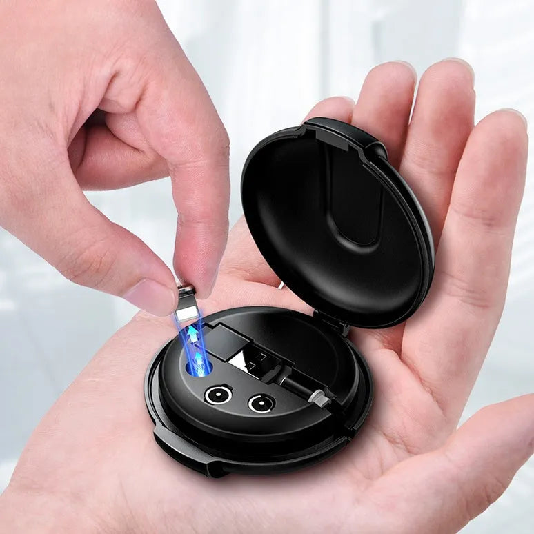 Black magnetic 3-in-1 car phone charger with retractable cable and vehicle mounting bracket