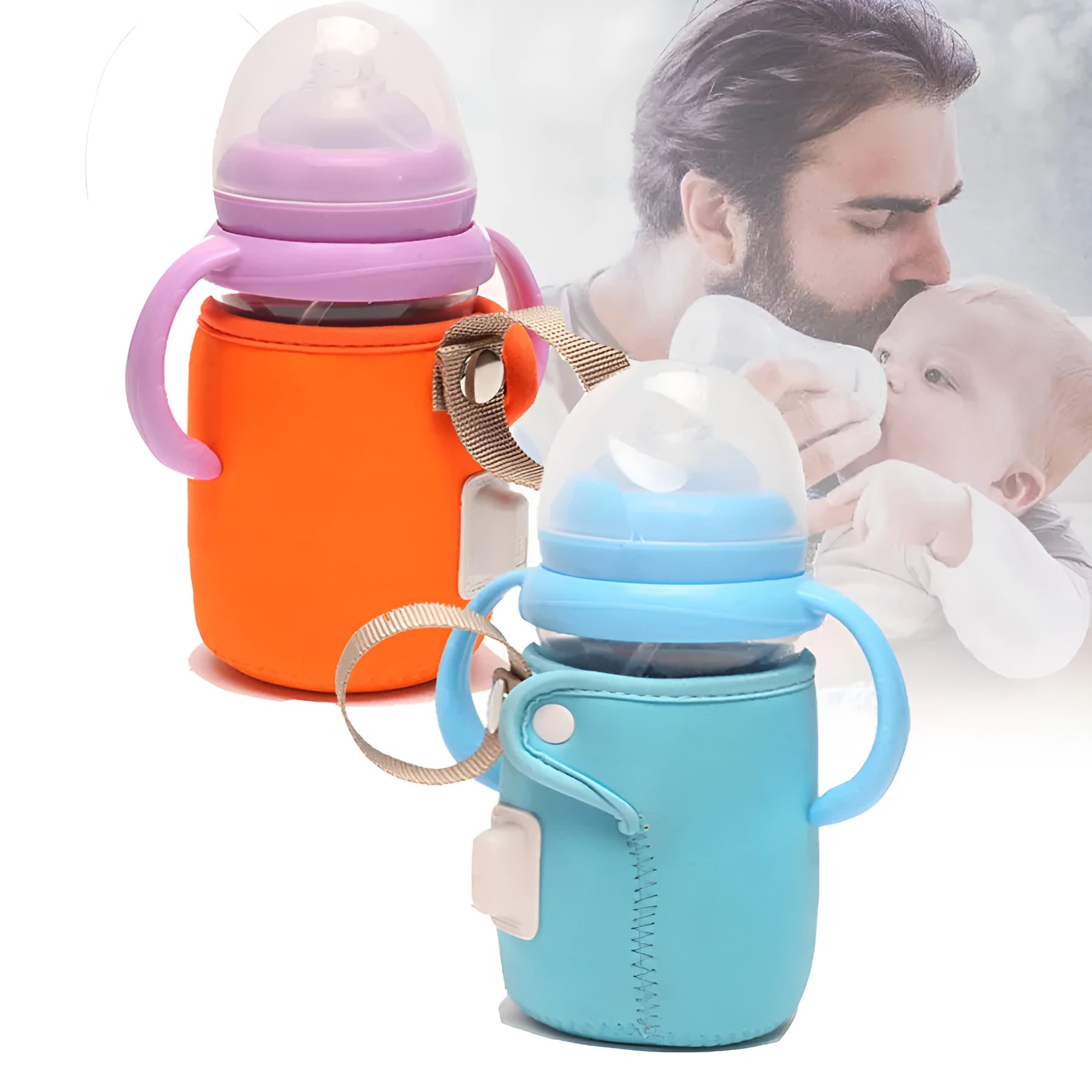Orange and blue USB-powered baby bottle warmer wrap showing size and USB connector.