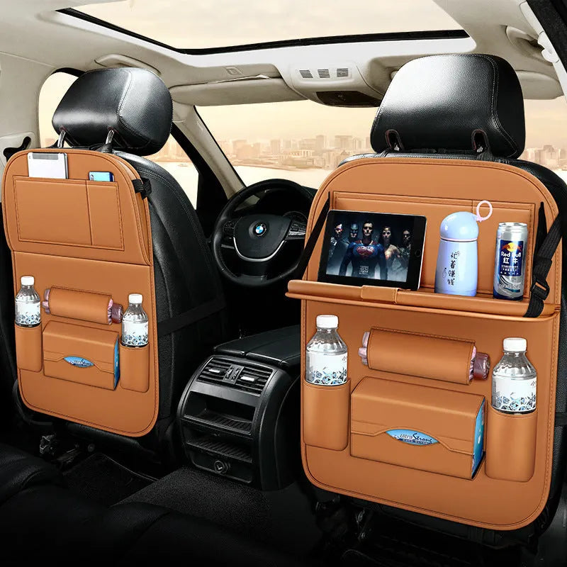 Hanging storage bag seat organiser in wear-resistant leather for car seat back with beige colour