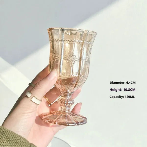 Glass medieval French simplicity goblet in one of six colour styles: bamboo, blue bottom, career, friendship, champagne, or tiger beer design.