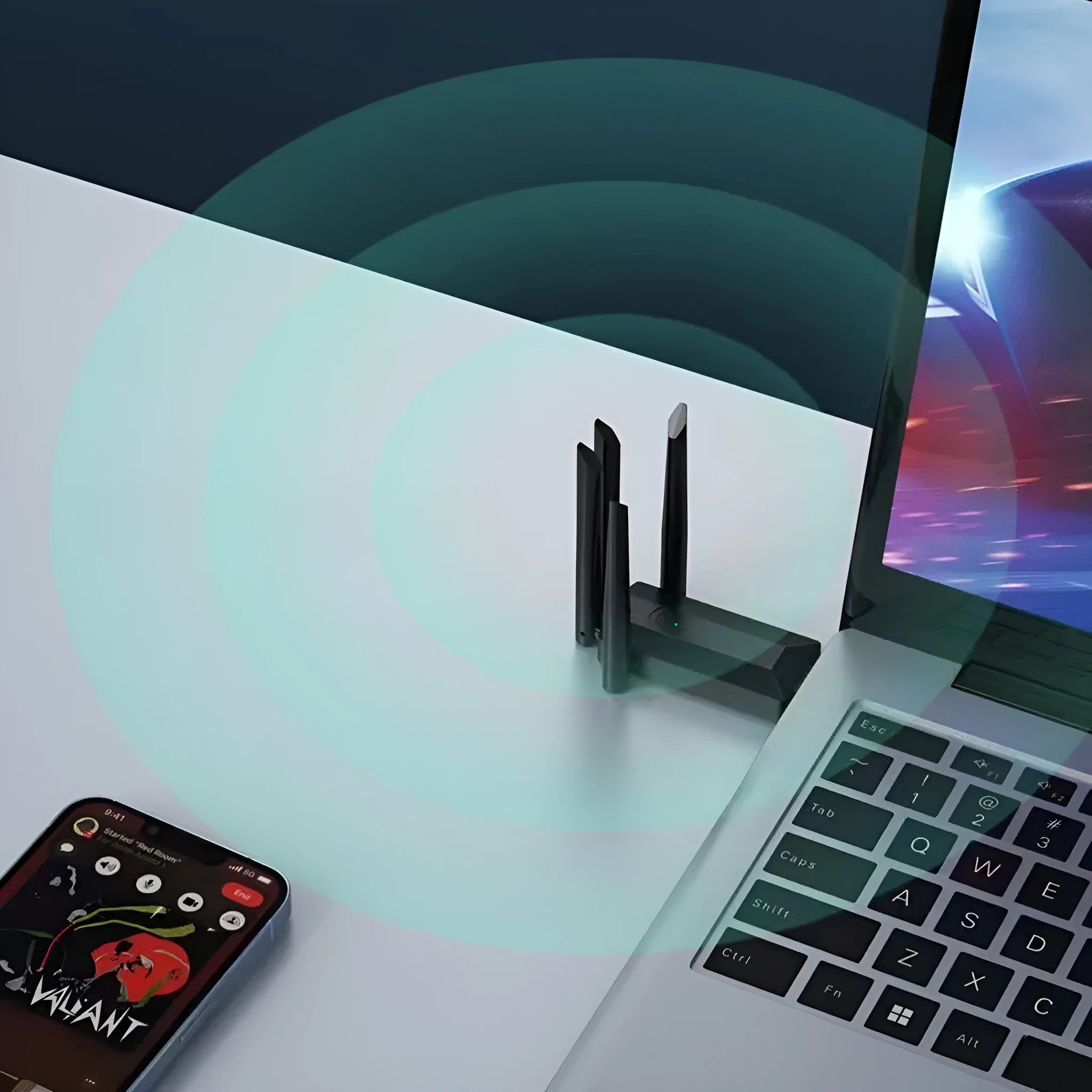 Black USB network transmitter with four extended antennas for wireless computer connectivity