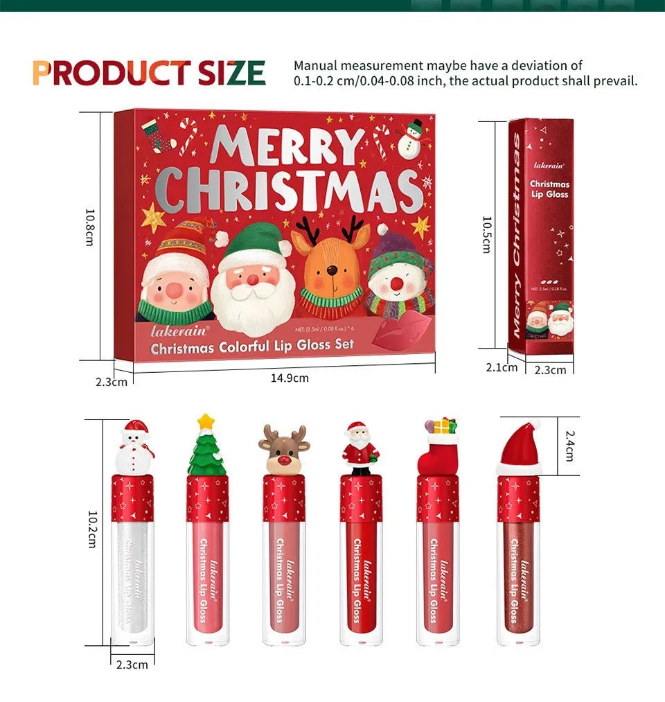 Christmas lip gloss set 6-piece red matte velvet, festive makeup gift, red shades in compact packaging