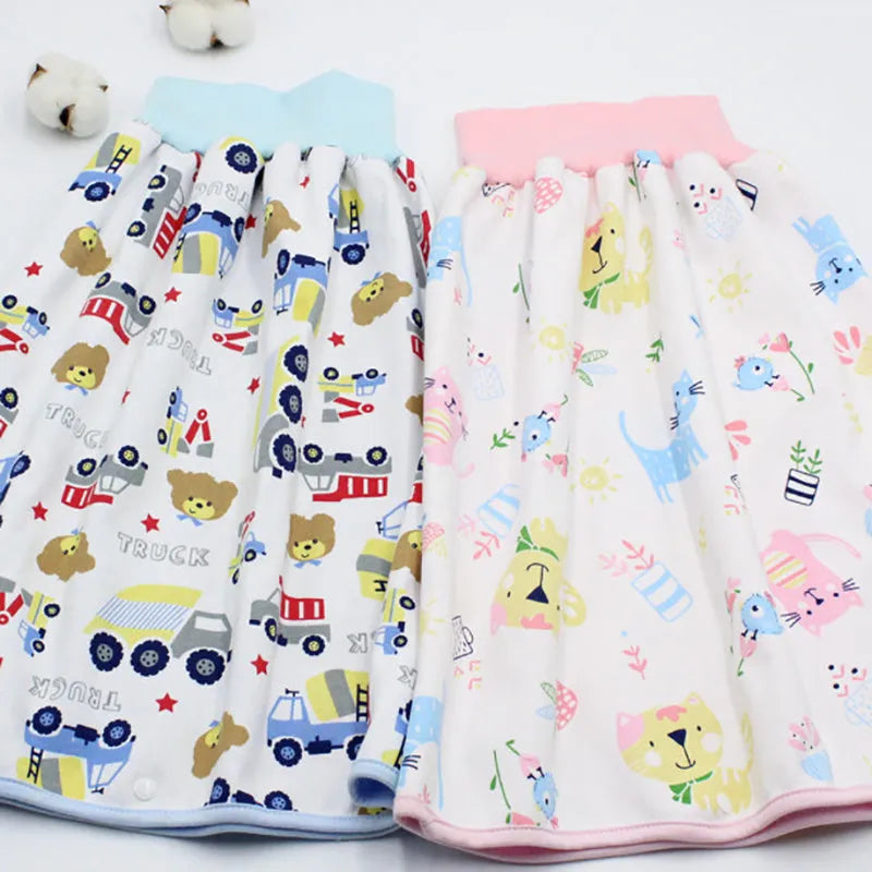 Waterproof baby diaper skirt with organic cotton surface, adjustable waist, and multi colour options including Bear car and Cat.