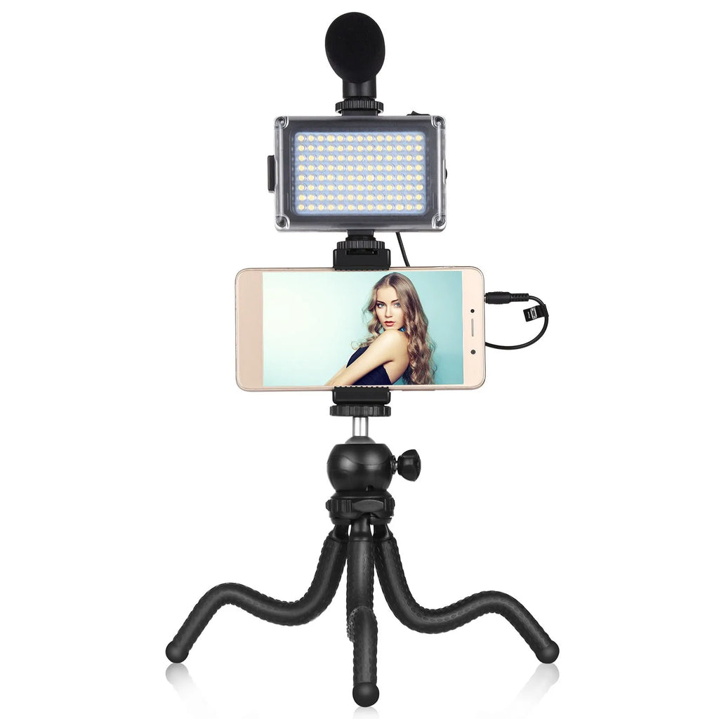 Black Octopus Yripod live broadcast kit with flexible legs and fill light microphone for iPhone compatibility