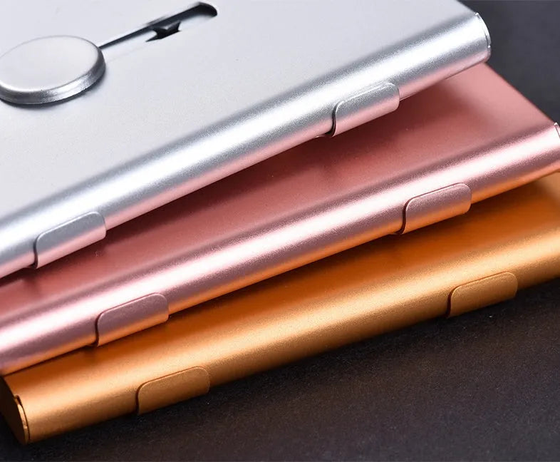 Hand push light business card case in aluminium alloy with RFID blocking, 93x65x12mm, six-layer card holder in seven colours