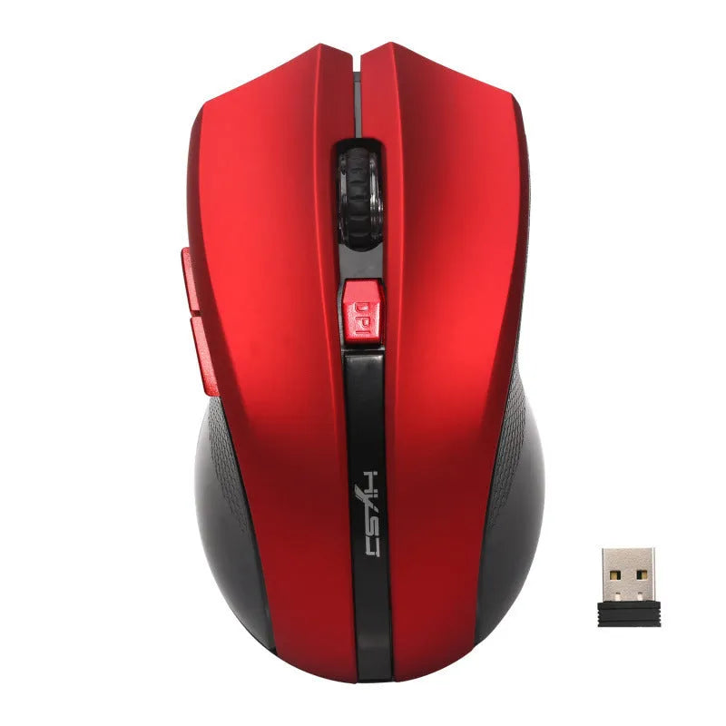 2.4G wireless optical ergonomic mouse in black with four-way scroll wheel and red LED sensor