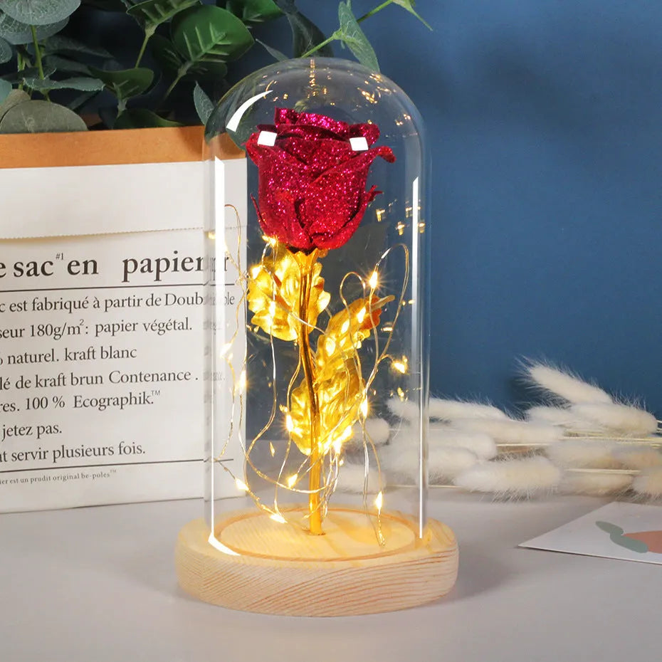 Handmade eternal red rose flower with warm white LED lights inside a clear glass dome display