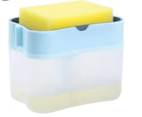 Grey plastic kitchen soap dispenser pump bottle on a countertop