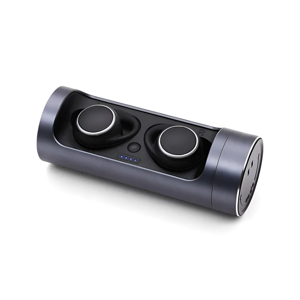 Dark Grey wireless Bluetooth headset with charging bay on a table.