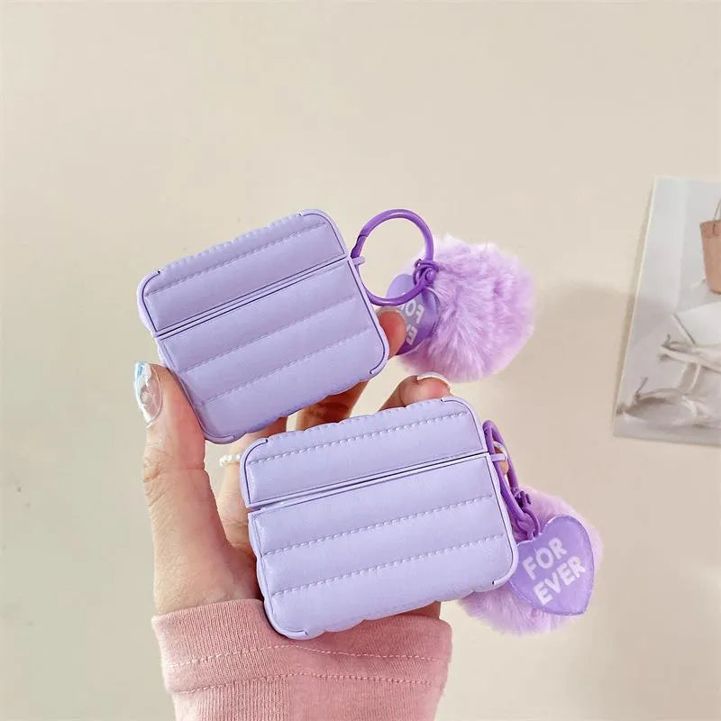 Purple down jacket AirPods case with fuzzy ball pendant, solid colour protective shell for AirPods 3, 1/2, and Pro