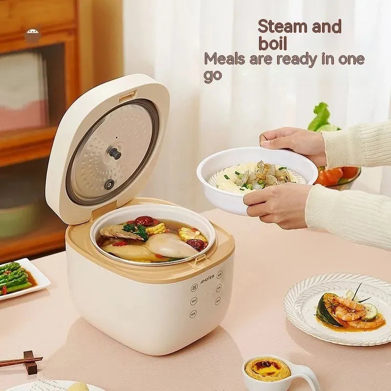 White or beige 3L multi-function rice cooker with accessories on kitchen counter