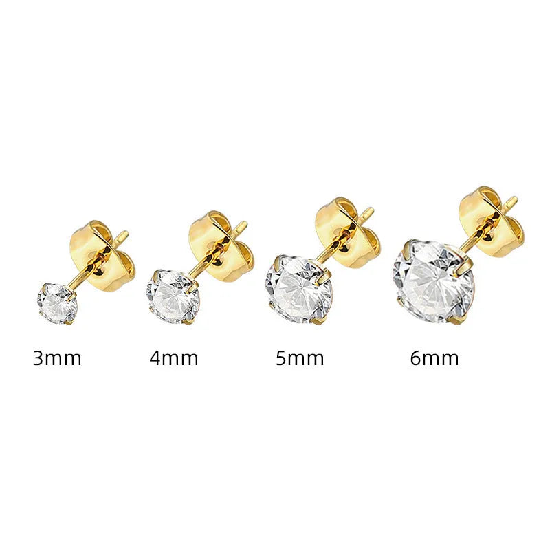 Titanium steel geometric square zircon stud earrings set with 14 pairs in 2mm to 8mm sizes