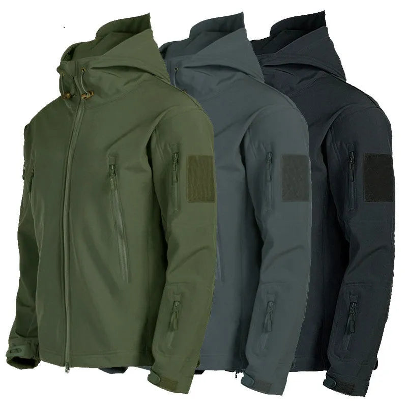 Men's windproof hooded soft shell jacket in black polyester fibre with front zipper and hood
