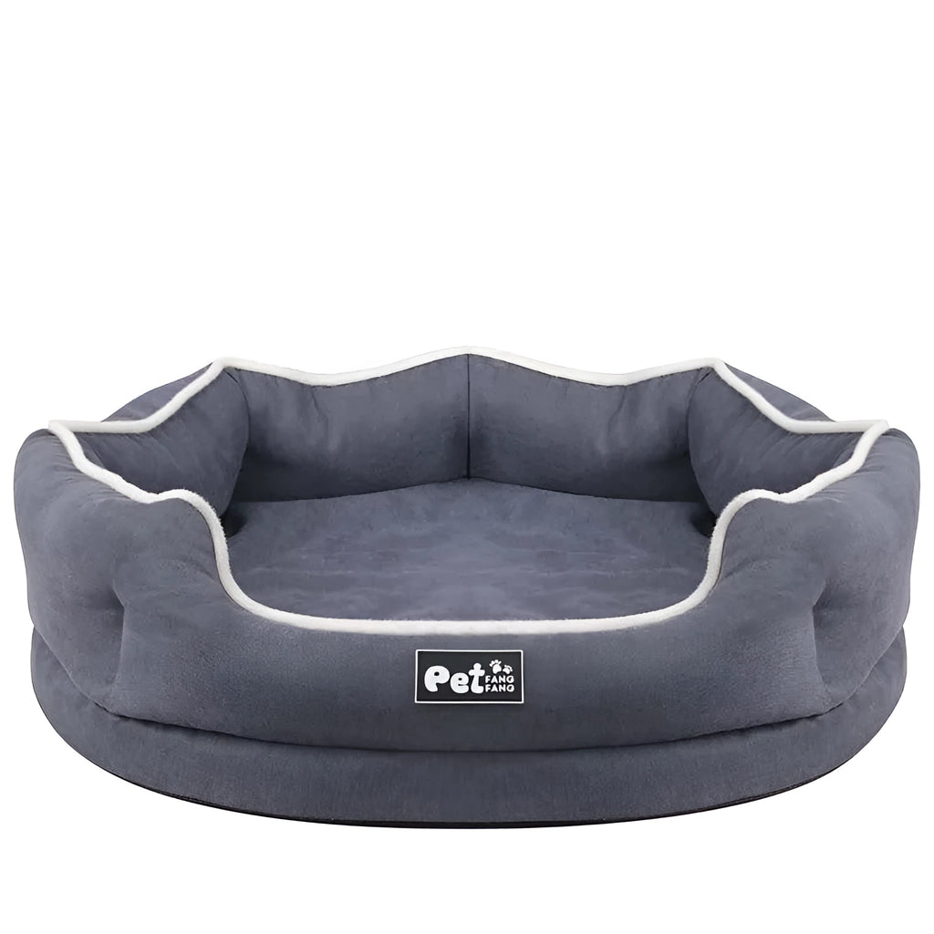 Blue memory foam pet cushion on floor with dog sitting on it, size L option shown