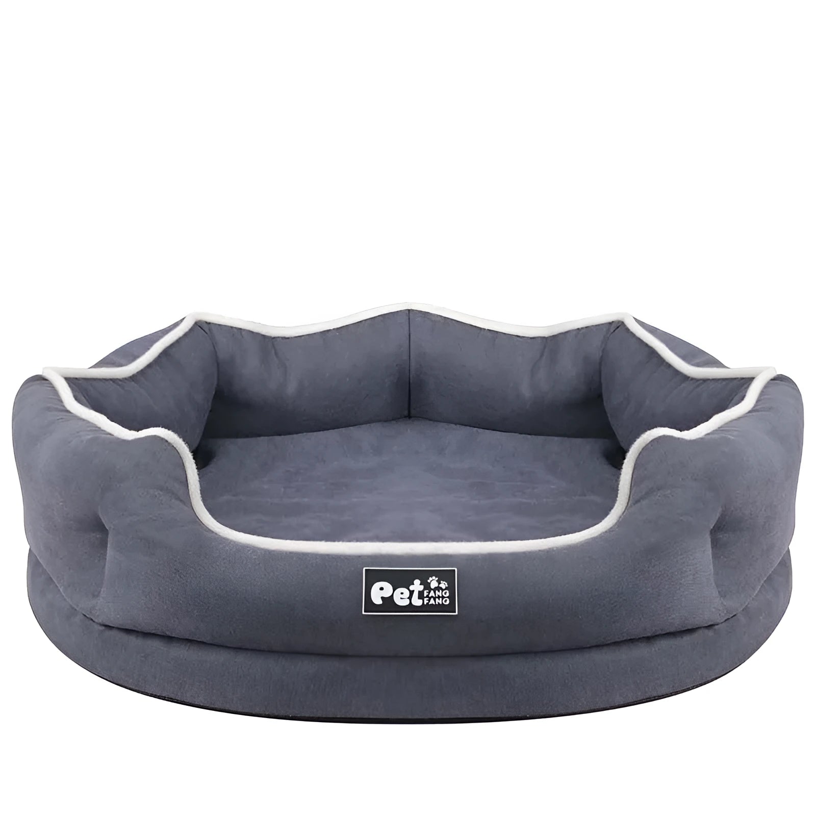 Blue memory foam pet cushion on floor with dog sitting on it, size L option shown