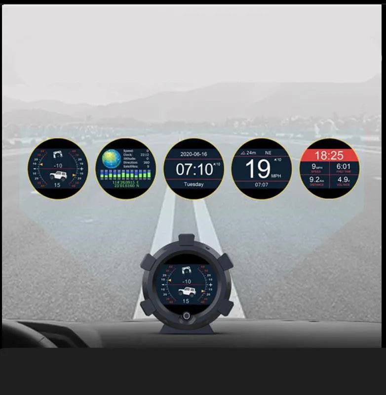 Car incline meter with altitude display showing slope angle, designed for off-road vehicle dashboard mounting OBD colour variant
