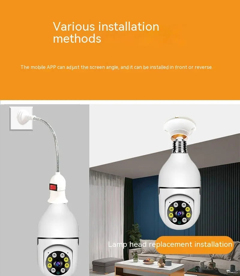 White wireless wifi bulb security camera with lens, showing 5cm diameter and 12cm height.